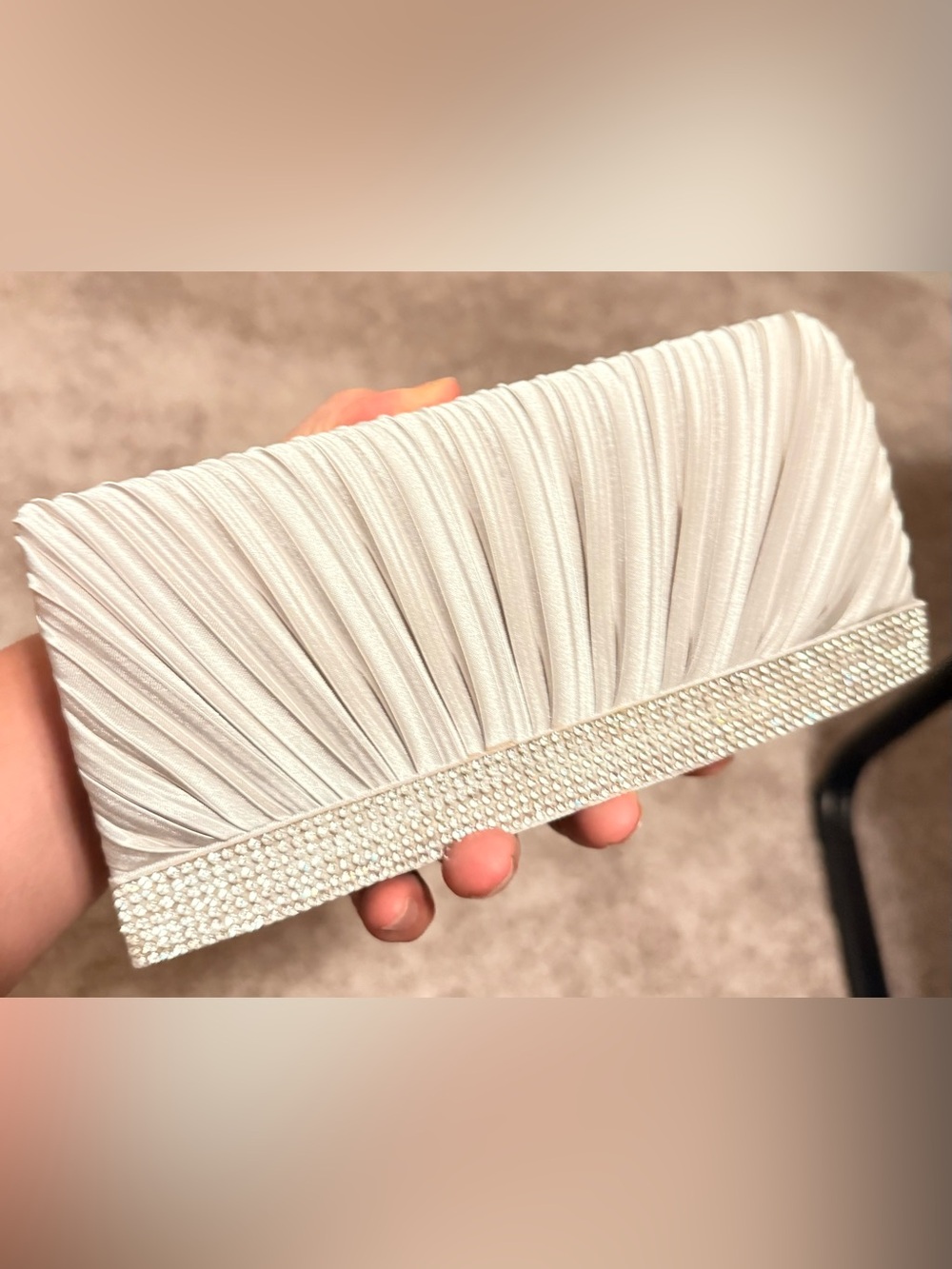 Jessica McClintock Satin Silver Pleated Rhinestone Trim Evening Clutch